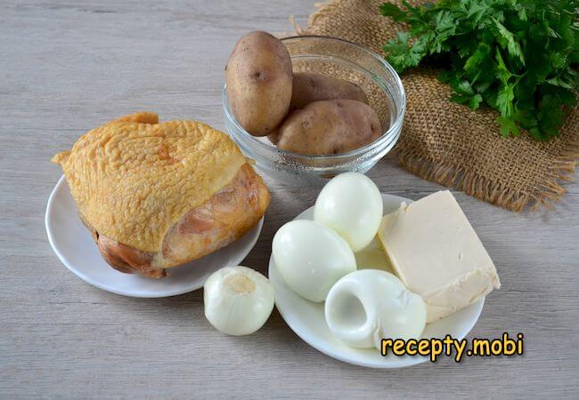 ингредиенты для приготовления салата «Невеста» с копченой курицей и плавленным сыром - фото шаг 1