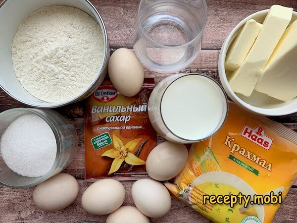 ингредиенты для приготовление торта из заварного теста с заварным кремом