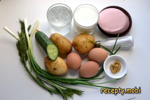 ингредиенты для приготовления окрошки на кефире и минералке с колбасой - фото шаг 1