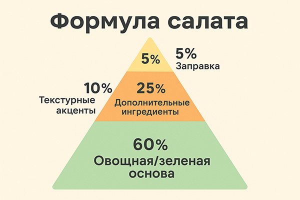 Формула салата: пропорции основы, добавок, текстуры и заправки