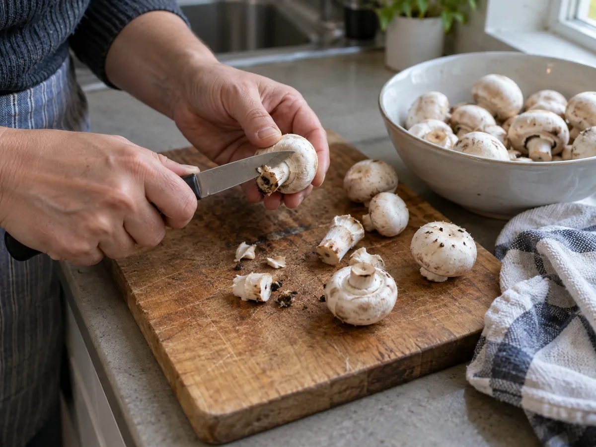 Preparing cultivated button mushrooms on a board