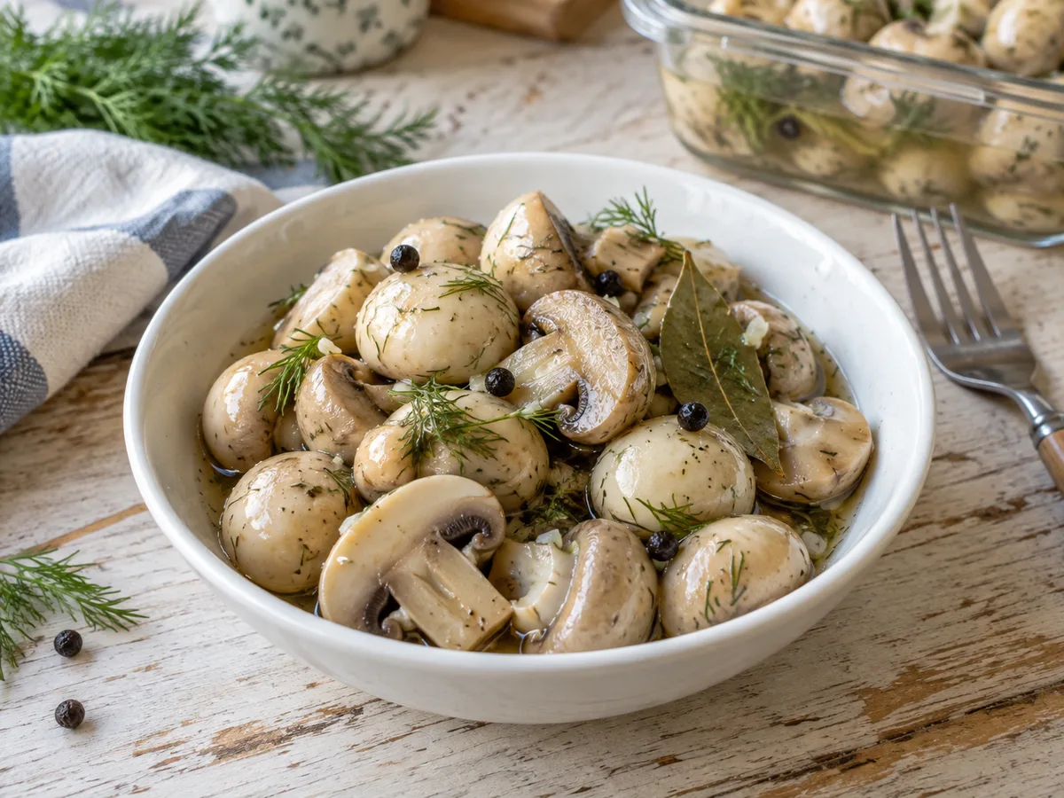 Marinated button mushrooms served with herbs