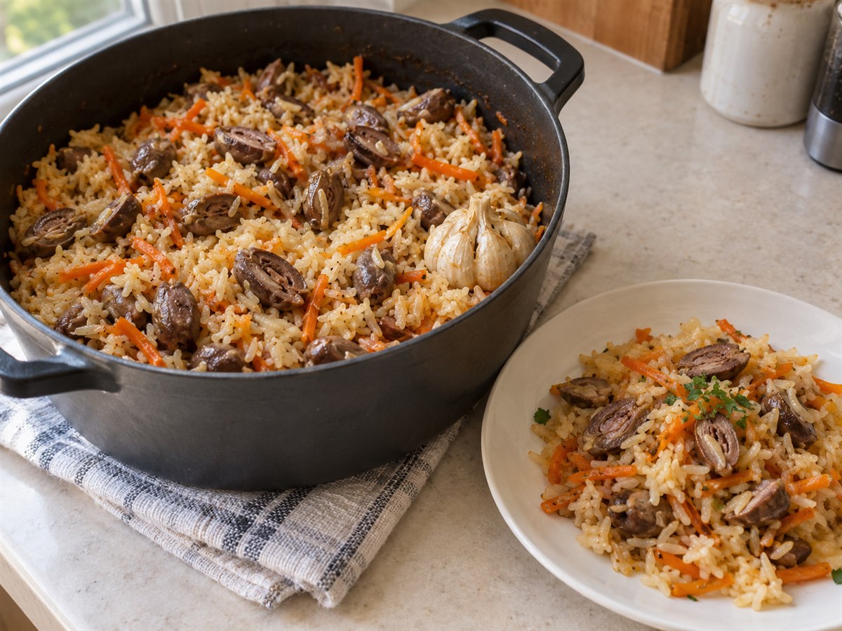 Плов с куриными сердечками: рассыпчатый рис в казане