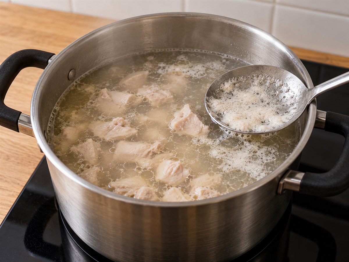 Пену снимают с куриного бульона в кастрюле