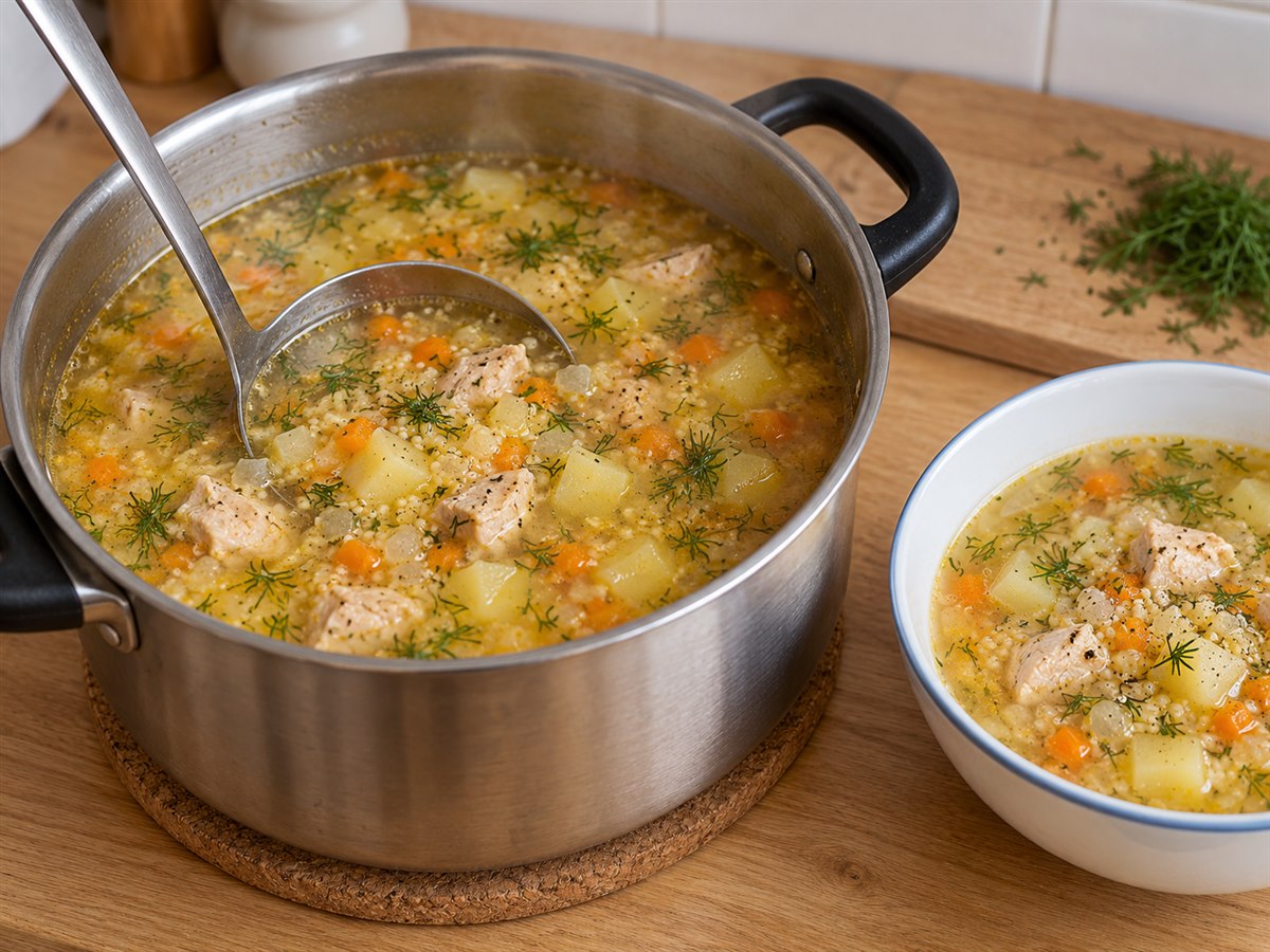 Готовый крестьянский суп с курицей, пшеном, картофелем и укропом