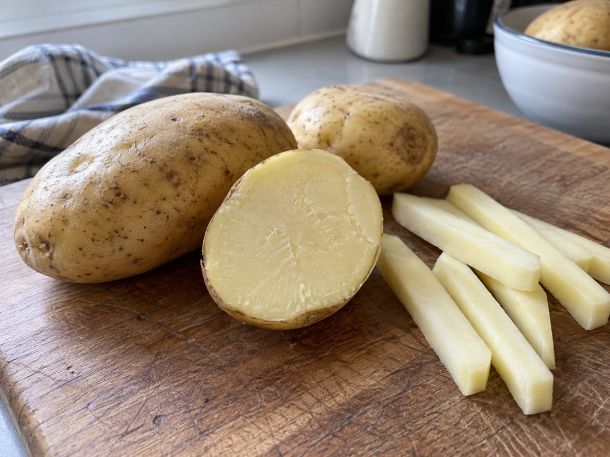 Крупный картофель и ровные сырые брусочки для домашнего фри