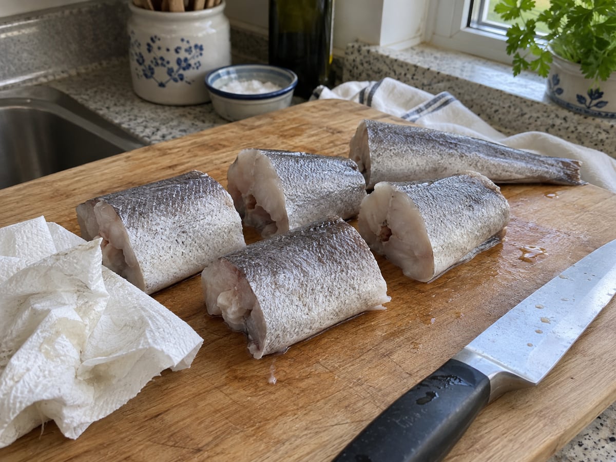 Подготовленные куски хека с кожей на разделочной доске