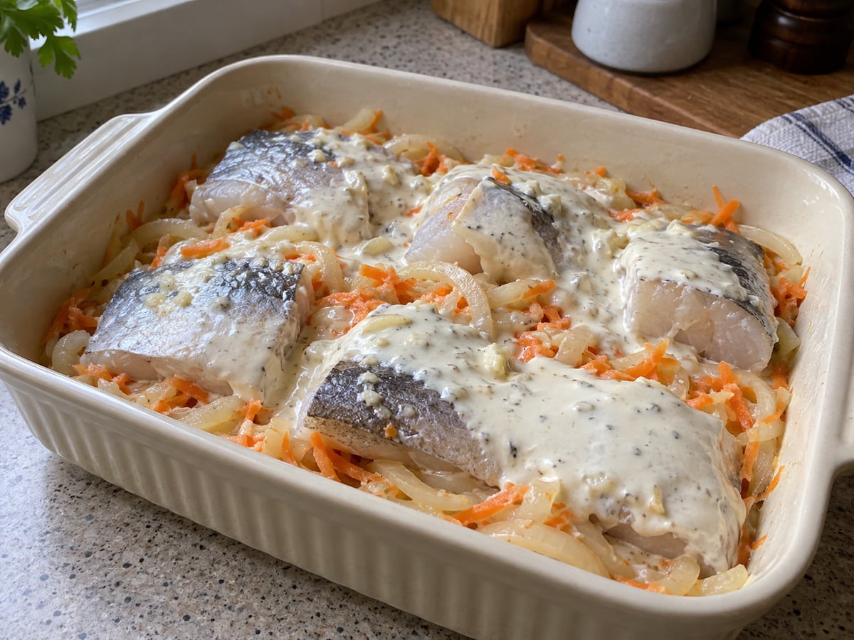 Куски хека с овощами покрыты сметанным соусом перед запеканием