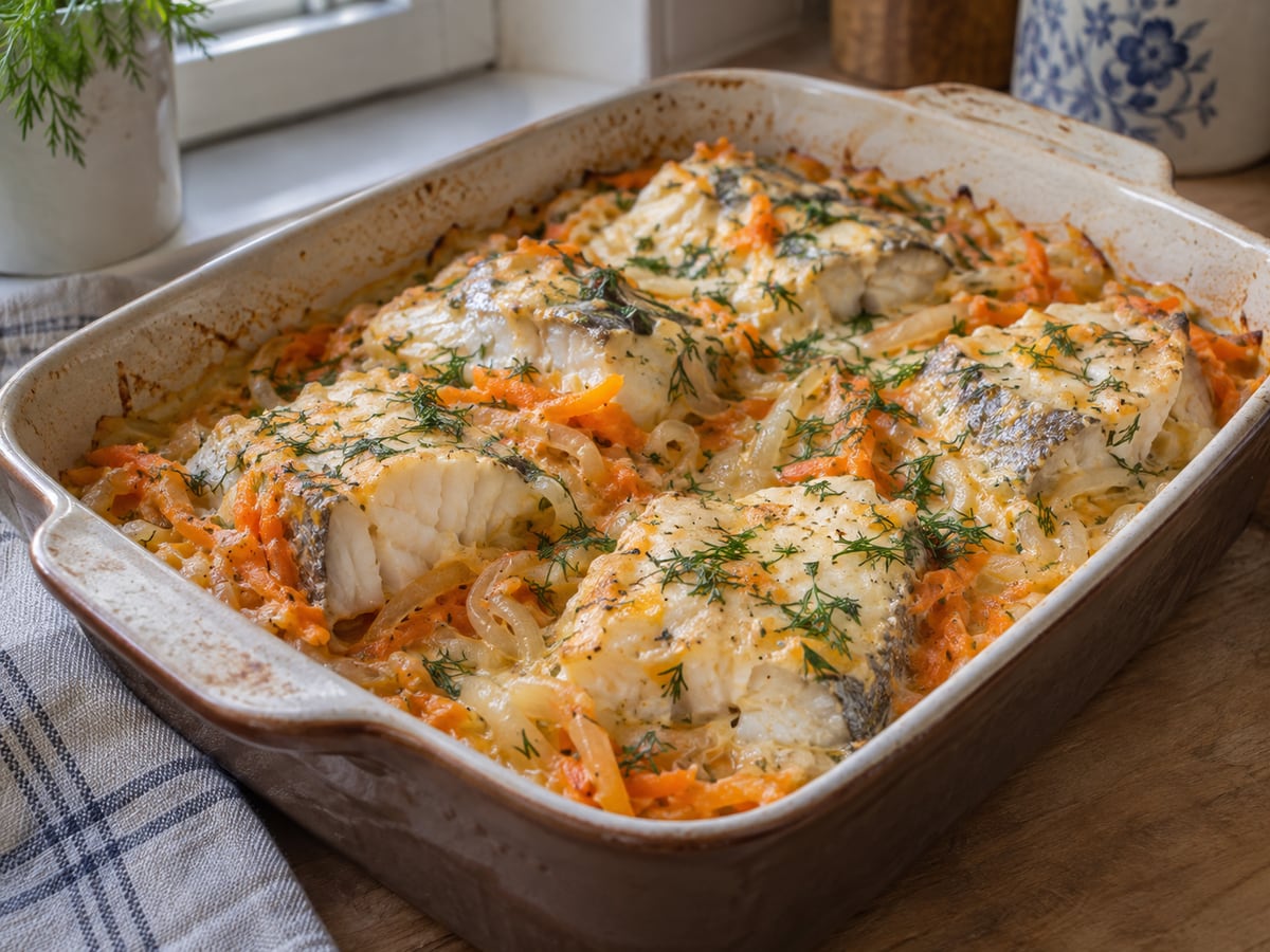 Хек в духовке со сметаной и овощами
