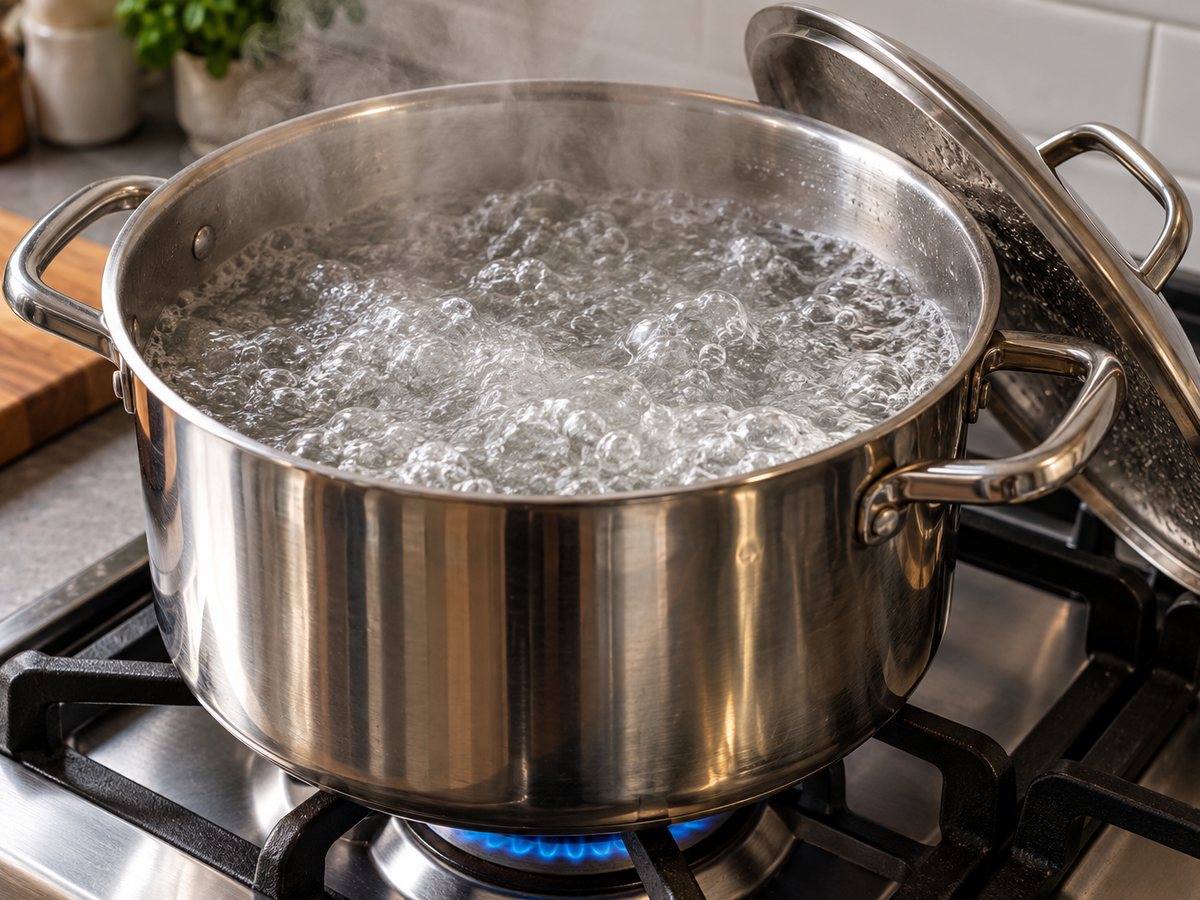 Water at a rolling boil in a pot