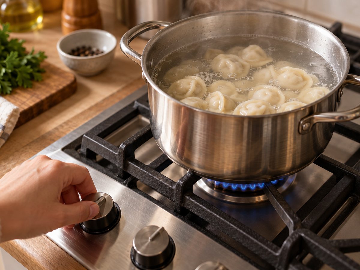 Turning the heat down under the pot of pelmeni
