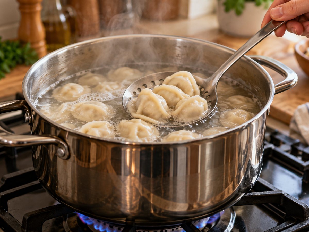 Pelmeni being stirred with a slotted spoon