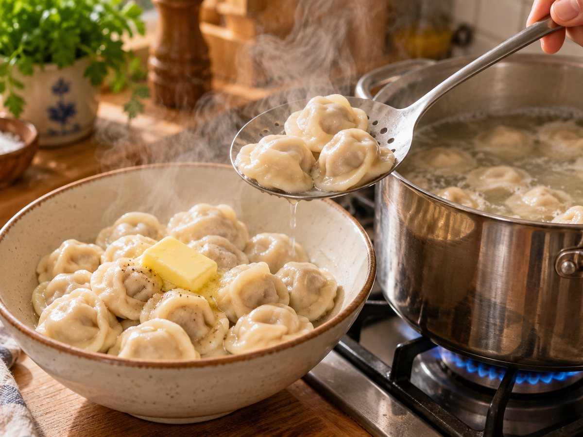Cooked pelmeni lifted into a bowl with butter