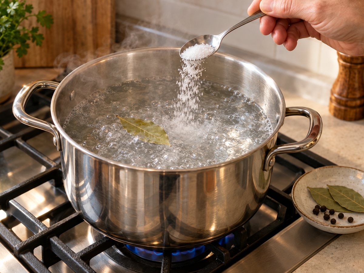 Salt and a bay leaf going into boiling water