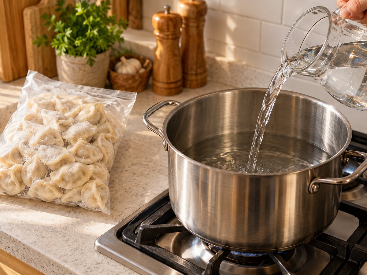 Water being poured into a pot for pelmeni