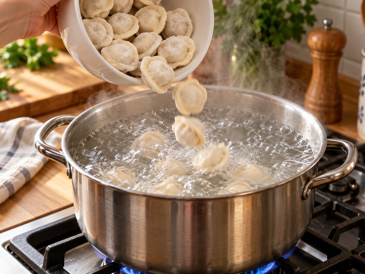Frozen pelmeni being added to boiling water