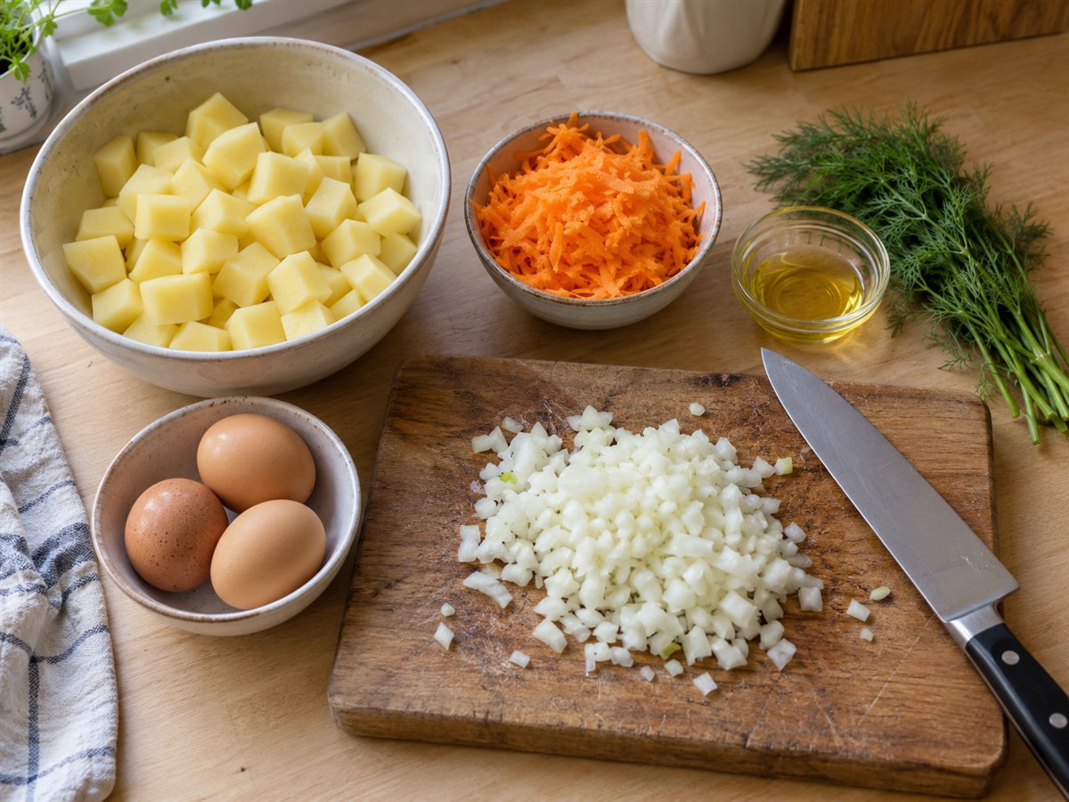 Подготовленные картофель, морковь, лук и три яйца для кудрявого супа