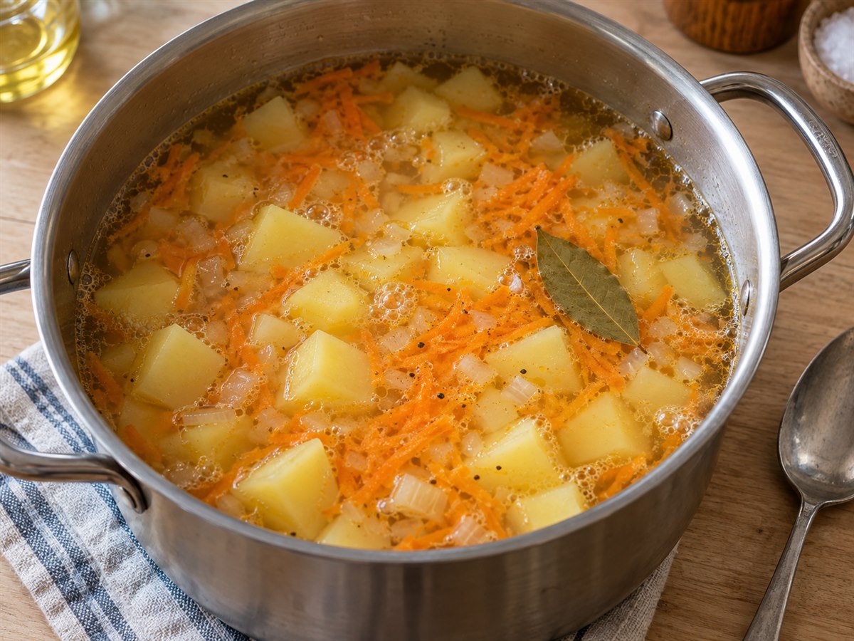 Картофель варится с морковью и луком до добавления яйца