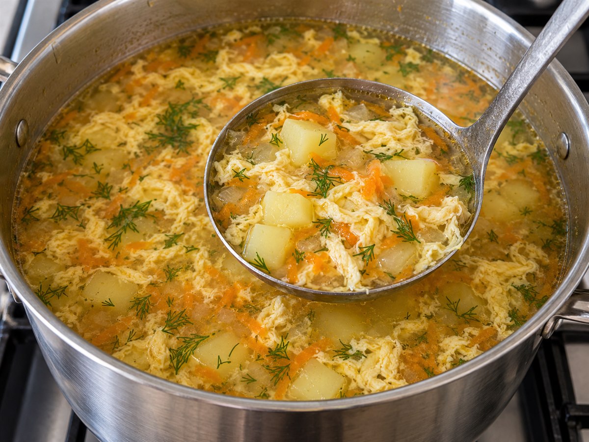 Готовый картофельный суп с полностью схватившимися яичными хлопьями
