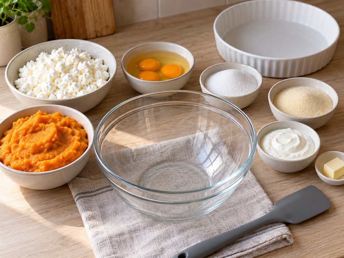 Густое тыквенное пюре, творог и остальные продукты для запеканки
