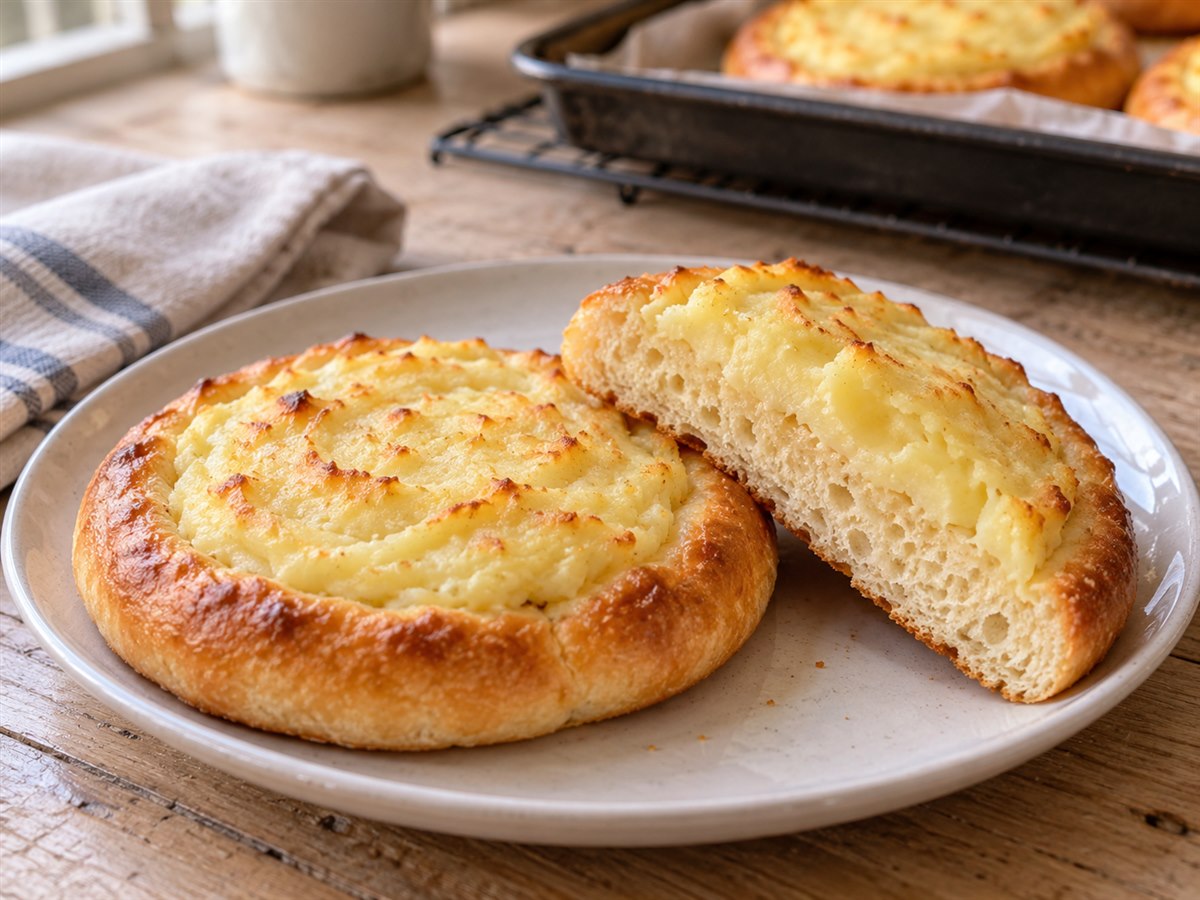 Шаньга в разломе с пропеченным мякишем и картофельной начинкой