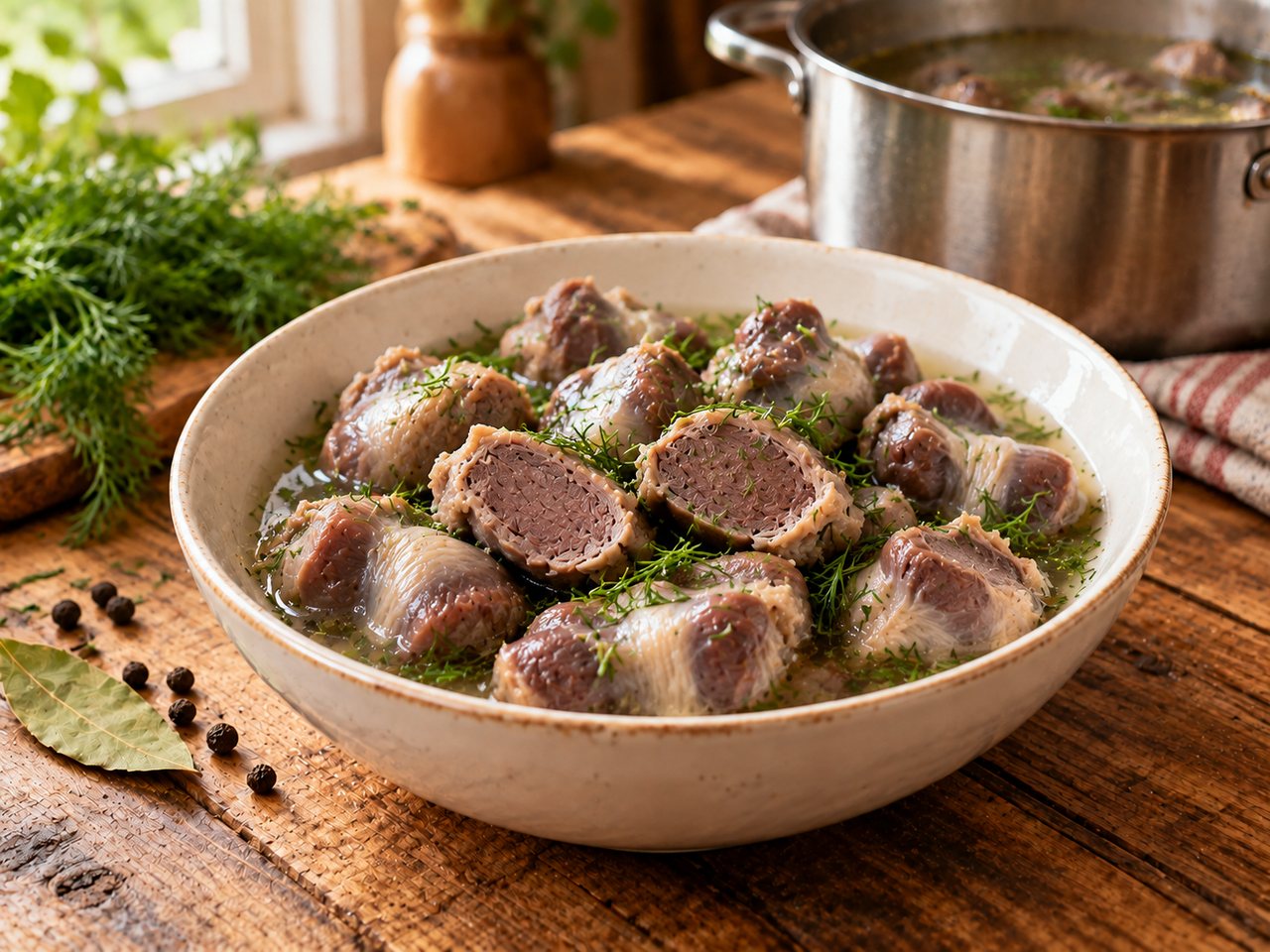 Отварные куриные желудки в миске с укропом