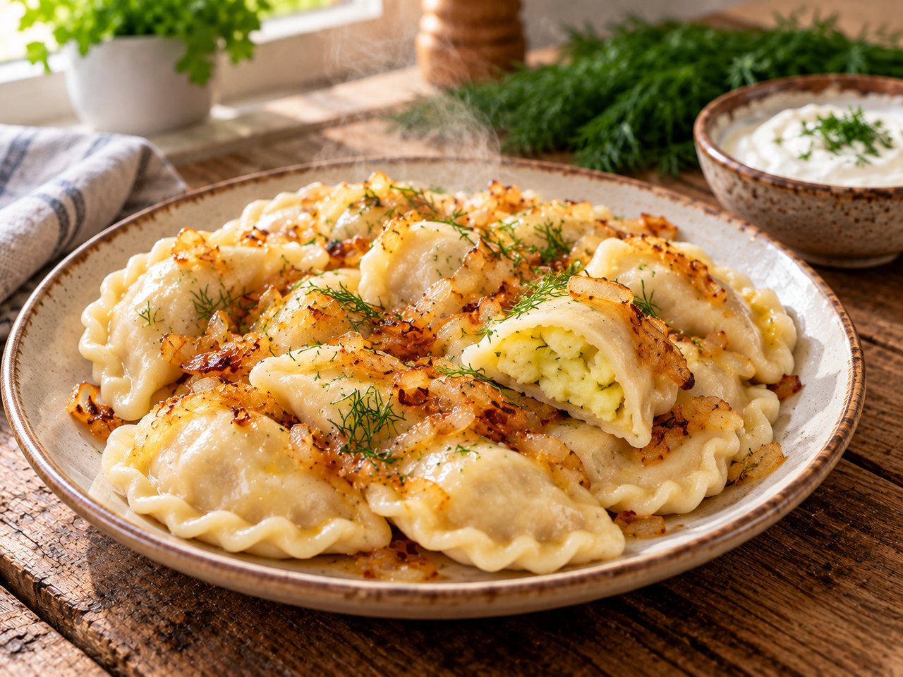 Вареники с картошкой и жареным луком на тарелке