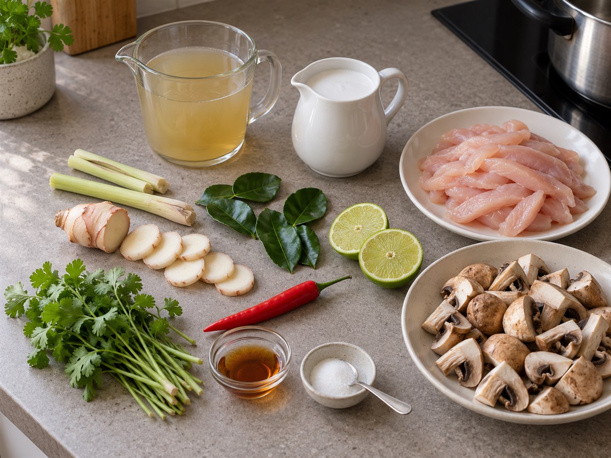 Продукты для том кха: курица, грибы, кокосовое молоко и тайские пряности
