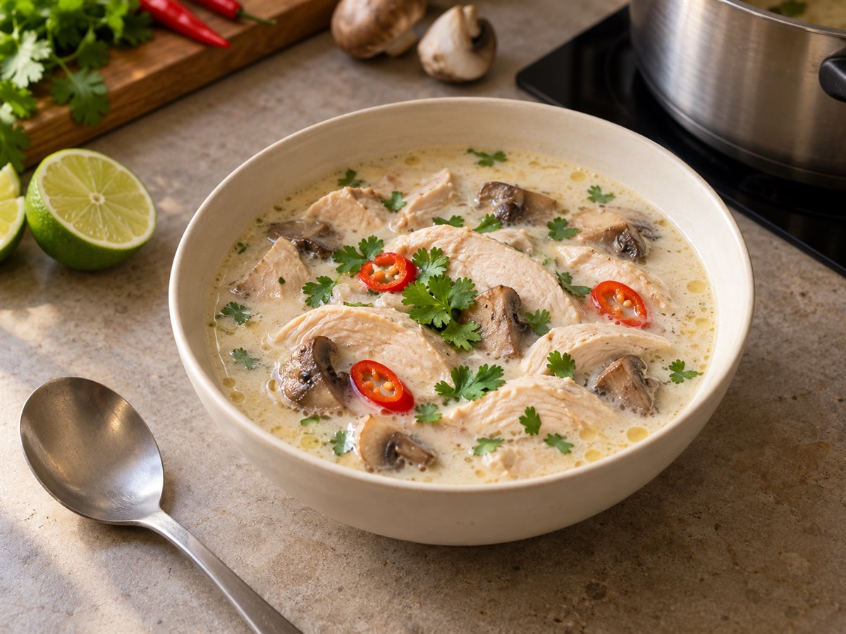 Том кха с курицей, грибами и кокосовым молоком в светлой миске