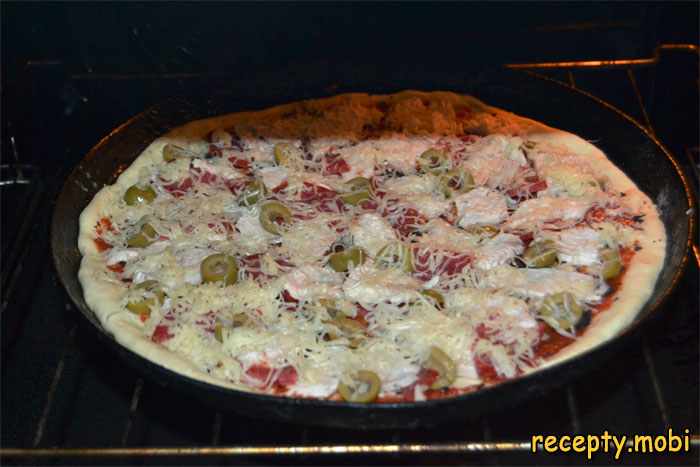Пицца с салями, курицей и оливками