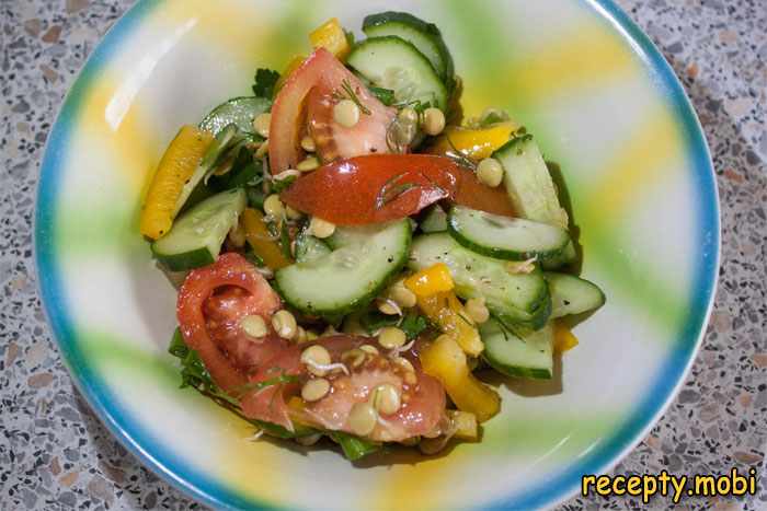 Салат из свежих овощей и пророщенной чечевицы