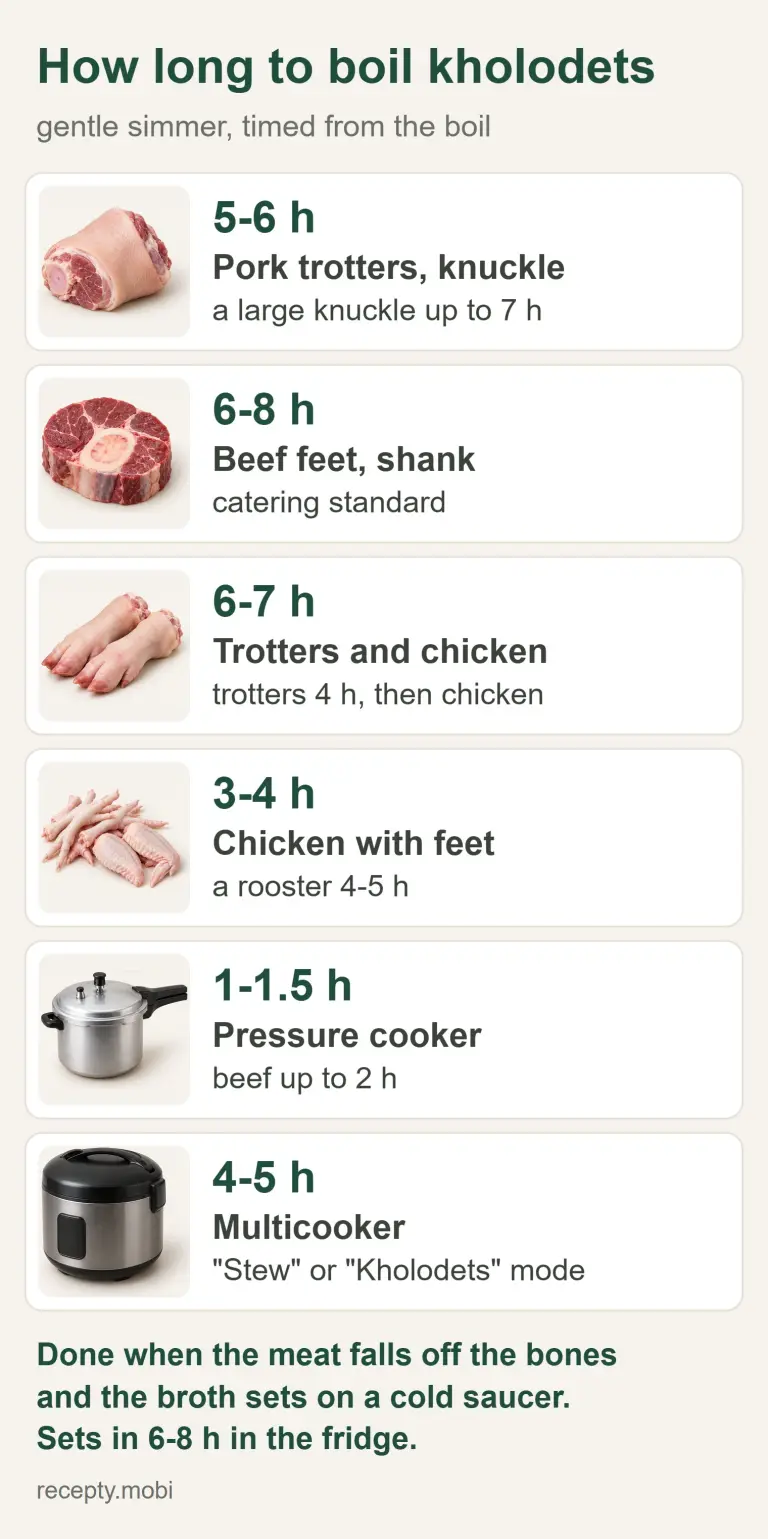 Infographic: how long to boil kholodets from pork trotters, pork knuckle, beef, chicken, in a pressure cooker and multicooker