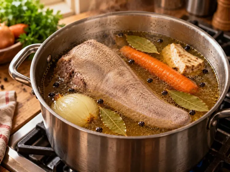 Говяжий язык варится в кастрюле с морковью и луком