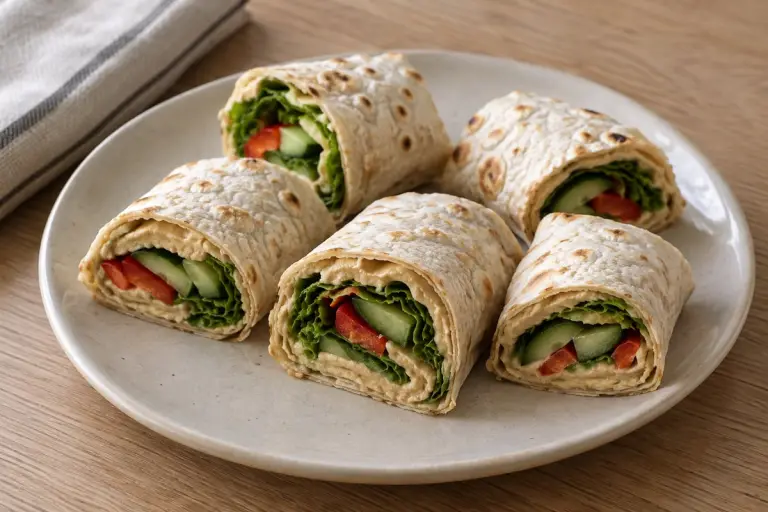 Рулет из лаваша с хумусом, огурцом, сладким перцем и салатом