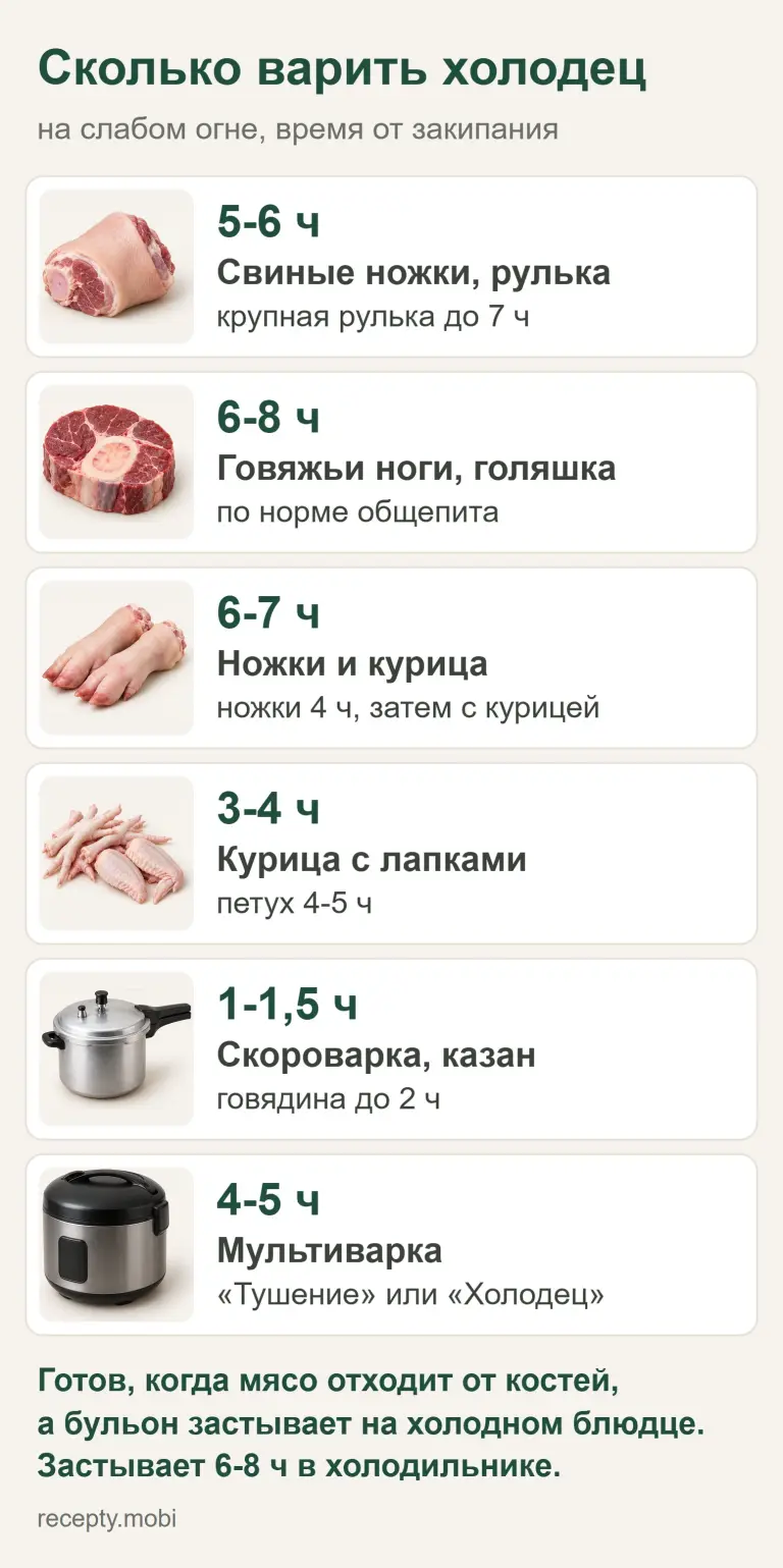 Сколько варить холодец Инфографика: сколько варить холодец из свиных ножек, рульки, говядины, курицы, в скороварке и мультиварке