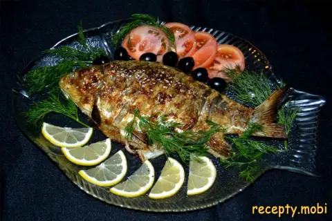 Baked Crucian Carp in the Oven under Mayonnaise Sauce and Sesame
