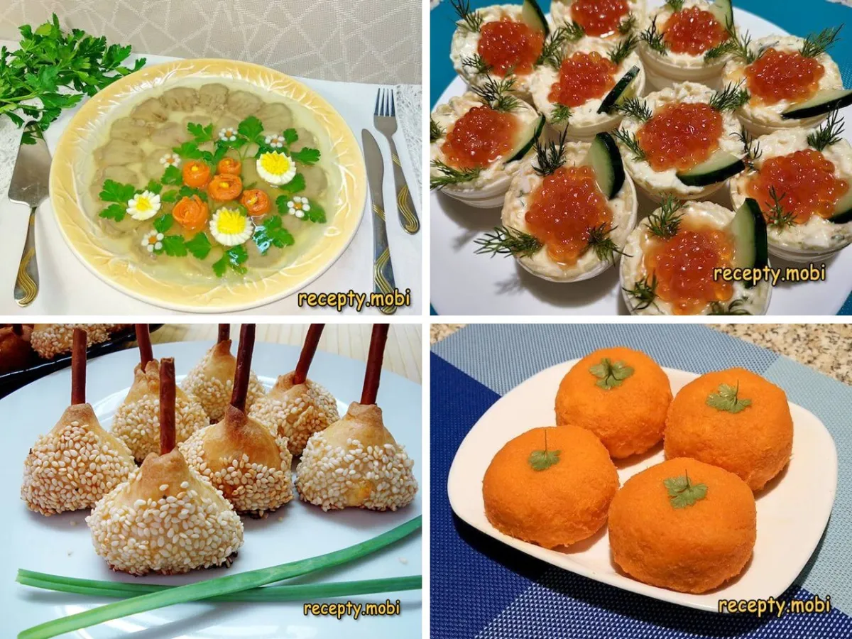 Закуски на Новый год: заливное из языка, тарталетки с икрой, перепелиные ножки и закуска мандаринки